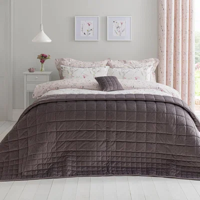 Dunelm Velvet Grey Square Grid Stitch Bedspread Grey