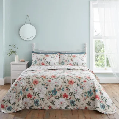 Dunelm Catherine Lansfield Pippa Floral Bird Natural Bedspread 220cm x 230cm Natural