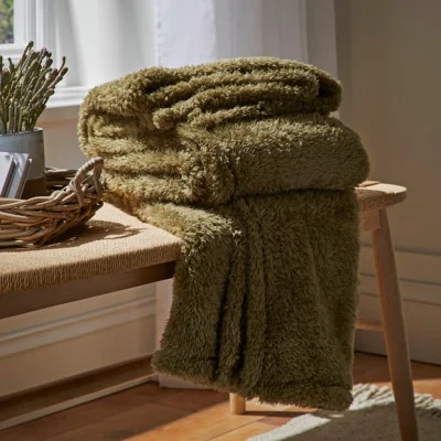 Dunelm Dunelm Olive Green Teddy Bear Throw 200cm x 200cm Teddy Olive