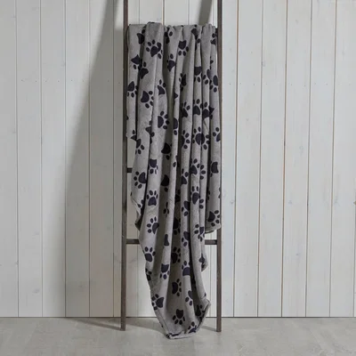 Dunelm Paw Printed Fleece 130cm x 170cm Throw Charcoal