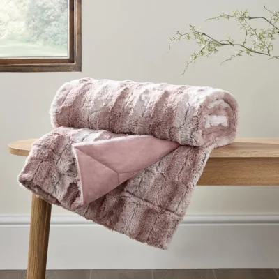 Dunelm Plush Faux Fur 130cm x 180cm Throw Blush/White