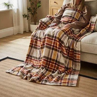 Dunelm Printed Fleece Red Check Electric Throw Blanket