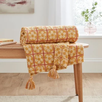 Dunelm Heart and Soul Floral Throw 130cm x 180cm Ochre