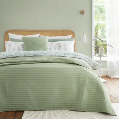 Dunelm Bianca Quilted Lines Sage Green Bedspread 220cm x 230cm Green