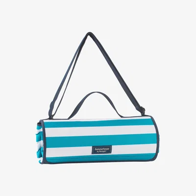 Dunelm Coast Aqua Striped Waterproof Picnic Blanket Blue and White
