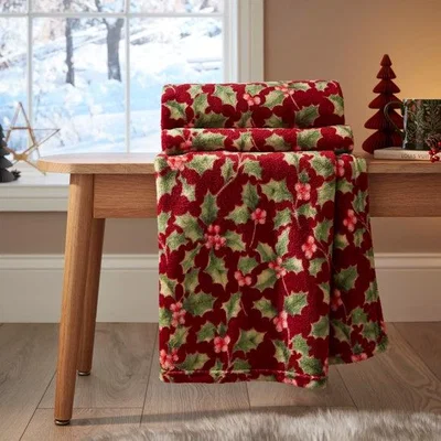 Dunelm Holly Leaves Printed Fleece Throw Blanket