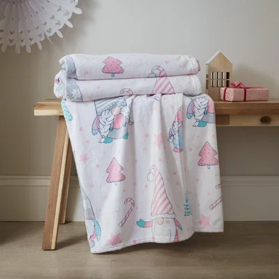 Dunelm Catherine Lansfield Festive Gnomes Fleece Throw Pink