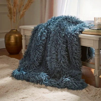 Dunelm Mongolian Faux Fur Throw 130cm x 180cm Pacific Blue