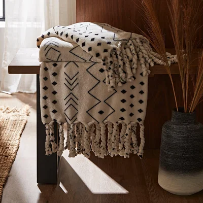 Dunelm Boho Tassel White Fleece Throw White