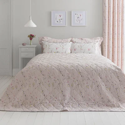 Dunelm Fiori Pink Bedspread Pink, Grey and Yellow