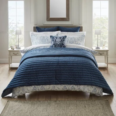 Dunelm Dorma Remington Cotton Velvet Blue Bedspread Blue