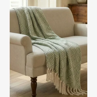 Dibor Sage and Ivory Cotton Throw With Tassels