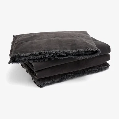 Feather & Black Fringed Velvet Bedspread - Slate
