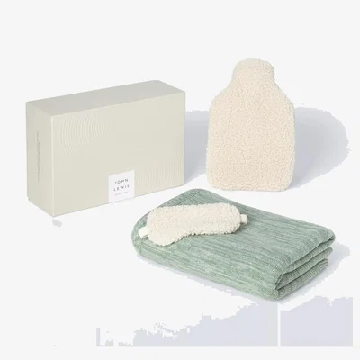 John Lewis John Lewis Throw/Eye Mask/Hot Water Bottle Bottle Relaxation Kit, Green/White