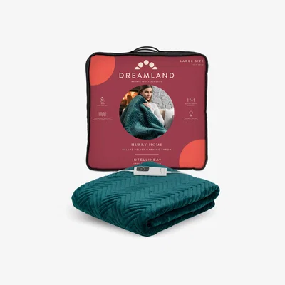 John Lewis Dreamland Velvet Herringbone Quilted Heated Throw, Emerald Green