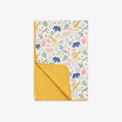 John Lewis John Lewis & Partners Safari Print Cotton Muslin Blanket, 120 x 120cm, Yellow/Multi
