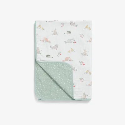 John Lewis John Lewis & Partners Oh My Darling Woodland Print Cotton Muslin Blanket, 120 x 120cm, Green/Multi