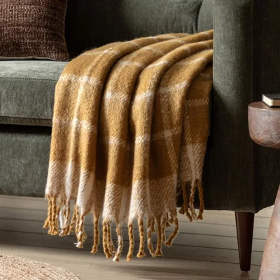 Knees Poly Mohair Check Throw - Mustard