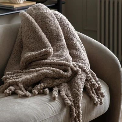 Knees Fringed Teddy Throw - Taupe