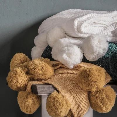 Knees Knitted Pom Pom Chenille Throw - Ochre