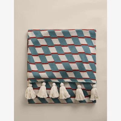 Marks & Spencer M&S Collection Pure Cotton Geometric Knitted Tassel Throw Teal Mix