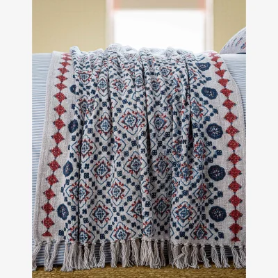 Marks & Spencer Joules Country Tiles Pure Cotton Geometric Throw Blue Mix