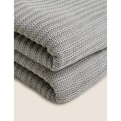 Marks & Spencer M&S Pure Cotton Knitted Throw - Light Grey, Light Grey,Dark Sage