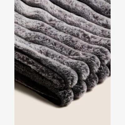 Marks & Spencer M&S Faux Fur Ribbed Throw - MED - Charcoal, Charcoal