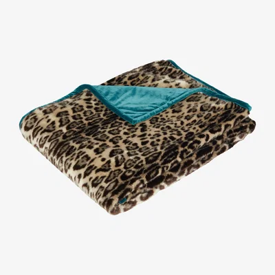 OKA Faux Fur Throw - Leopard/Dark Teal