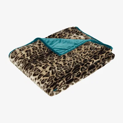 OKA OKA, Faux Fur Throw - Leopard/Dark Teal, Throws, Faux Fur, Animal