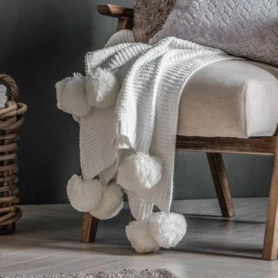 Olivia's Gallery Direct Knitted Pom Pom Chenille Throw / Ochre