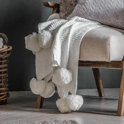 Olivia's Gallery Direct Knitted Pom Pom Chenille Throw / Cream