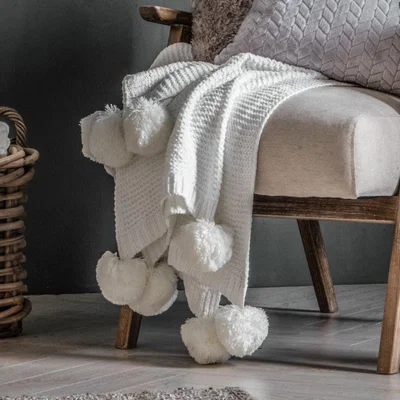 Olivia's Gallery Direct Knitted Pom Pom Chenille Throw Ochre | Outlet / Ochre
