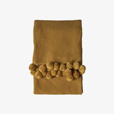 Olivia's Gallery Direct Moss Stitched Pom Pom Throw in Ochre