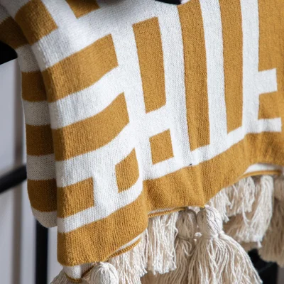 Downtown Merton Knitted Tassel Throw 130x170cm - Ochre In Yellow