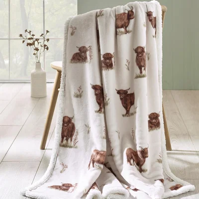 Downtown Catherine Lansfield Angus Highland Cow Fleece Throw 130x170cm - Natural