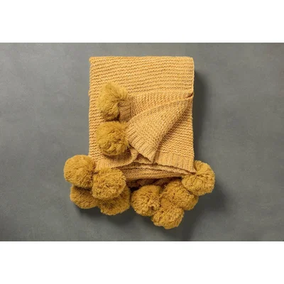 Perch and Parrow Gazelle Knitted Throw with Pom Poms in Yellow
