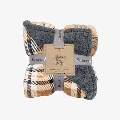 Perch and Parrow Plaid Sherpa Throw in Tan