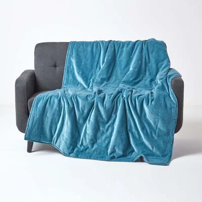 The Range Homescapes Velvet Quilted Throw with Stitch - Slate Blue / 150cm