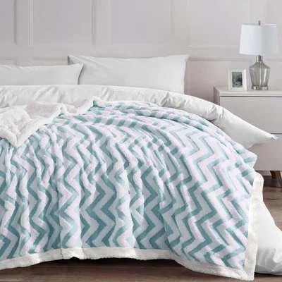 The Range Chunky Sherpa backed Jacquard Chevron Throw Blanket - Duck Egg / 150x200