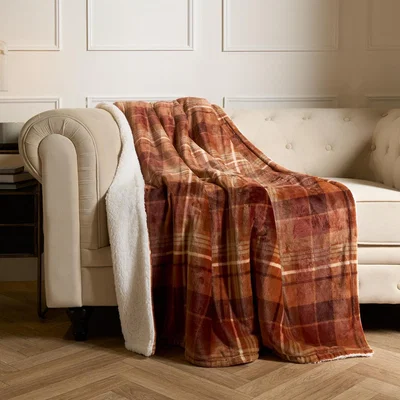 The Range Felix Flannel Check Fleece Throw Blanket - Rust