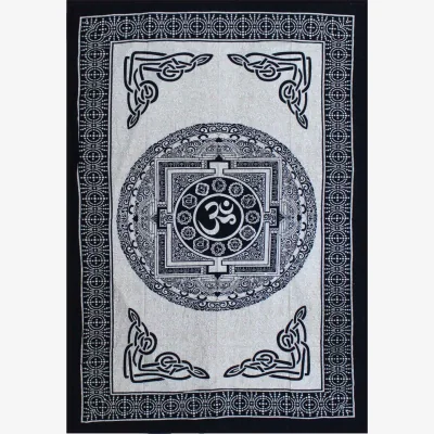 The Range Single Cotton Bedspread  Wall Hanging - Mono OM Mandala Art - Black