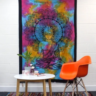 The Range Chakra Buddha Cotton Bedspread  Wall Hanging - Handmade Indian Decor - Multi