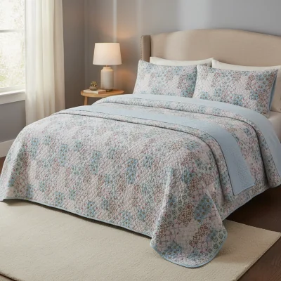 The Range Floral Patchwork Printed Light Quilted Piped Edge Throw - Blue