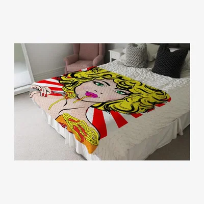 The Range Pop Art Young Woman Eating Spaghetti Designer Blanket - Red