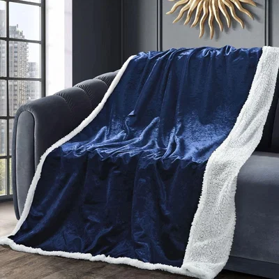 The Range Chunky Sherpa backed Crushed Velvet Throw Blanket - Navy