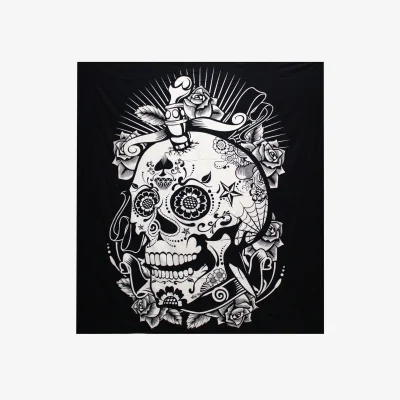 The Range BW Double Cotton Bedspread  Wall Hanging Rose Skull  - White & Black