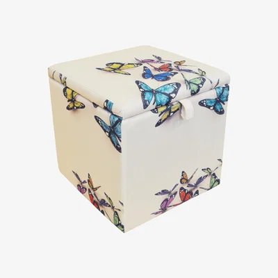 The Range BUTTERFLY - Square Storage Ottoman Stool  Blanket Box Cube - Cream  Multi - Cream / Multi-coloured