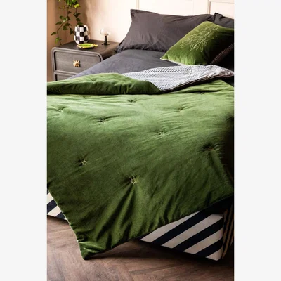Rockett St George Monochrome Stripe & Green Velvet Reversible Quilt