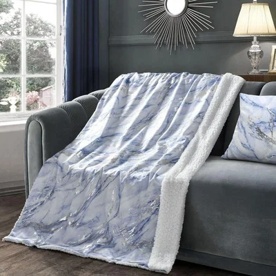 The Range Luxury Foil printed Sherpa Backed Marble Throw Blanket - Blue / 100x150